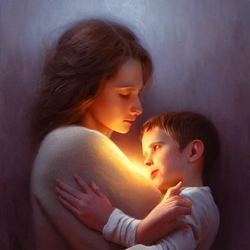 Prompt: epic masterpiece of cinematographic hyperrealism where a heart of love appears inside the heart there is a mother hugging her son. realistic shaded lighting poster by craig mallismo, artgerm, jeremy lipkin and michael garmash, unreal engine, radiant light, detailed and intricate environment, digital art, art station trends