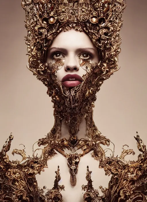 Image similar to a portrait of female by stefan geselle and nekro borja, photorealistic, intricate details, hyper realistic, fantasy, elegant, baroque gold headpiece, photorealistic, canon r 3, photography, wide shot, symmetrical features, symmetrical pose, wide angle shot, head to toe, standing pose, feet on the ground, wearable art