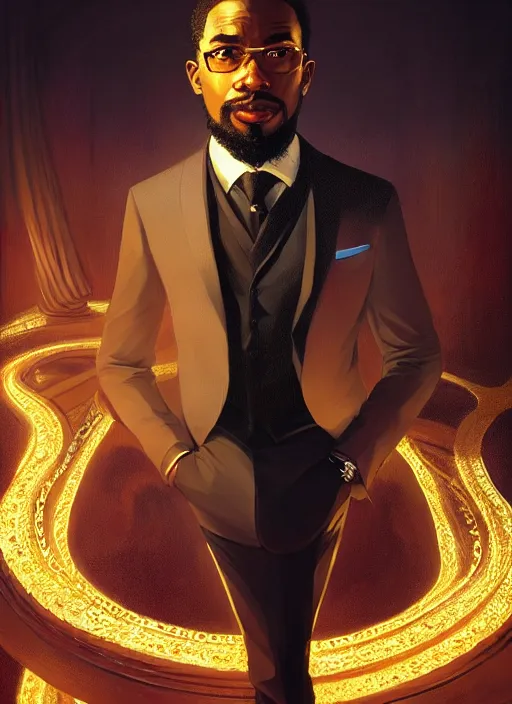 Prompt: portrait of handsome black genius in tailored suit, world map background, clean cut with goatee, intricate baroque thoughts, elegant atmosphere, glowing lights, highly detailed, digital painting, artstation, concept art, smooth, sharp focus, illustration, art by wlop, mars ravelo and greg rutkowski