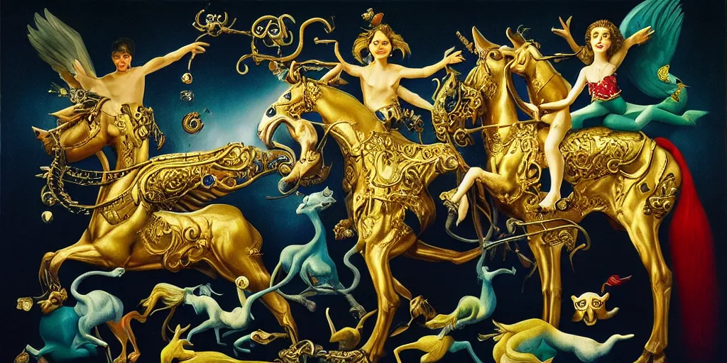 Image similar to the three imaginary fates pleasure dream adventure imaginary mythical animals love abstract oil painting by gottfried helnwein pablo amaringo raqib shaw zeiss lens sharp focus high contrast chiaroscuro gold complex intricate bejeweled