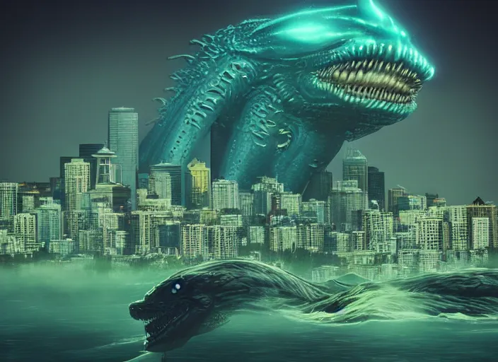 Prompt: seattle being attacked by a sea monster, by beeple