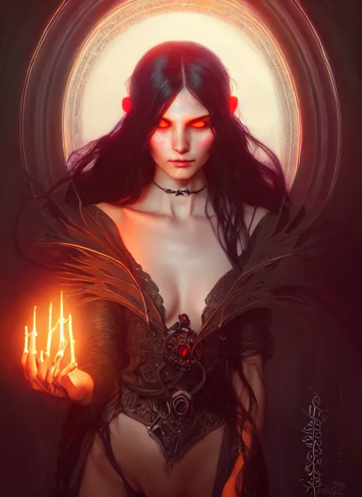 Image similar to Necromancer Sorceress, fantasy magic, undercut hairstyle, dark light night, intricate, elegant, sharp focus, illustration, highly detailed, digital painting, concept art, matte, art by WLOP and Artgerm and Greg Rutkowski and Alphonse Mucha, masterpiece