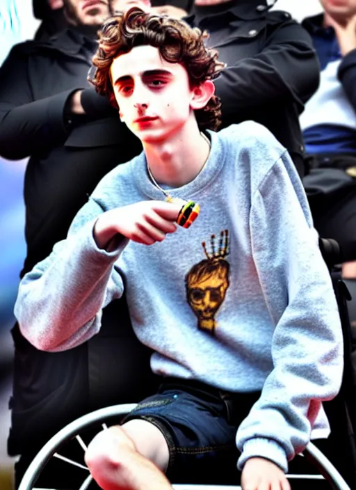 Prompt: timothee chalamet smoking a blunt sitting in a wheel chair, photo, realistic