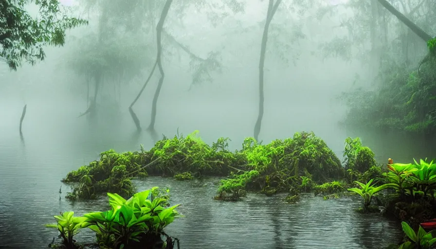 Image similar to a rainy foggy jungle, river with low hanging plants, there is a giant coral colored octopus in the water, great photography, ambient light