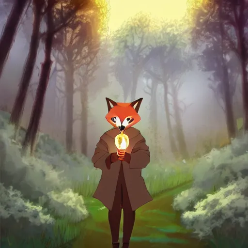 Prompt: a fantasy fox humanoid anime character carrying a candle in his hands, the forest, by studio ghibli and japanese style
