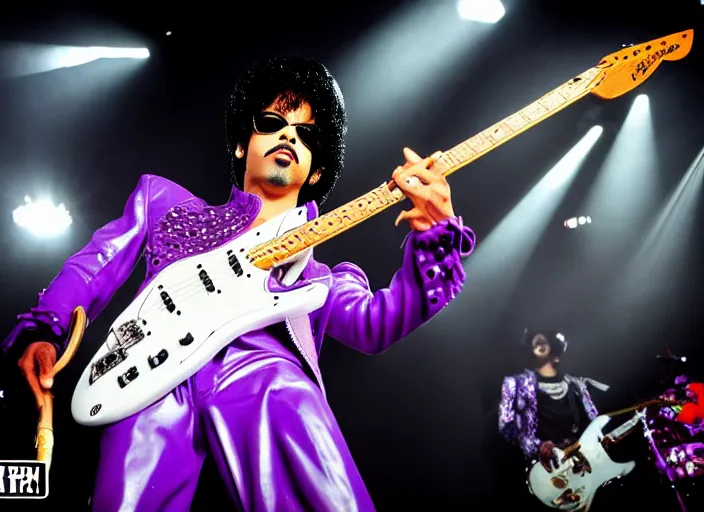 Prompt: photo still of prince from purple rain on stage at vans warped tour!!!!!!!! at age 3 3 years old 3 3 years of age!!!!!!!! shredding on guitar, 8 k, 8 5 mm f 1. 8, studio lighting, rim light, right side key light