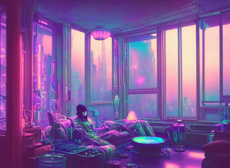 Image similar to telephoto photograph depicting the experience of acceptance in a cosy cluttered french sci - fi ( art nouveau ) cyberpunk apartment in a pastel dreamstate art cinema style. ( iridescent terrarium!, computer screens, window ( city ), leds, lamp, ( ( ( terrarium bed ) ) ) ), ambient light.
