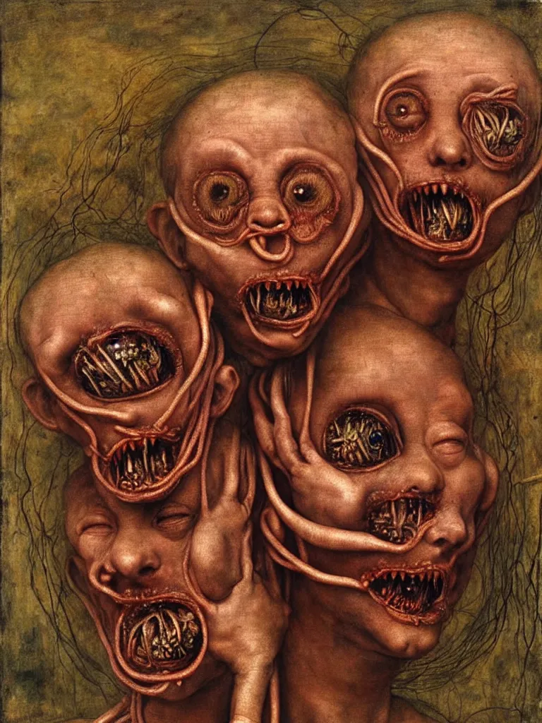 Image similar to siamese twins made of spaghetti, looking straight into camera, screaming in desperation, by giuseppe arcimboldo and ambrosius benson, renaissance, intricate and intense oil paint, a touch of joseph cornell, beksinski and hr giger and edward munch, realistic