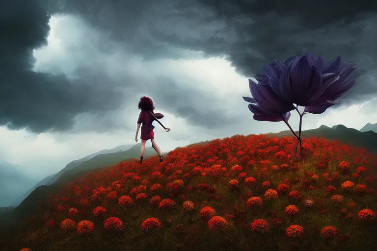 Image similar to giant dahlia flower head, girl walking on mountain, surreal photography, storm clouds, dramatic light, impressionist painting, digital painting, artstation, simon stalenhag