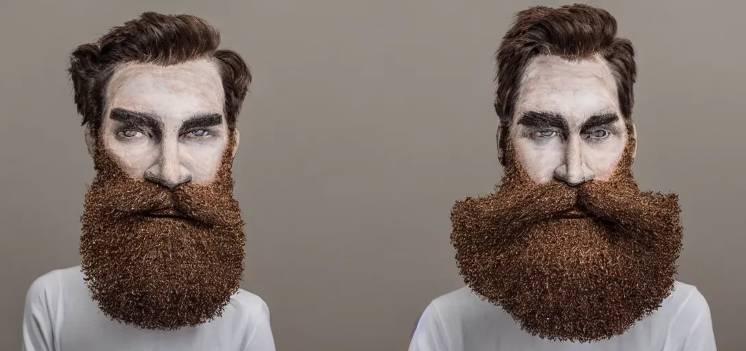 Image similar to a life size beard wearing a human on its face