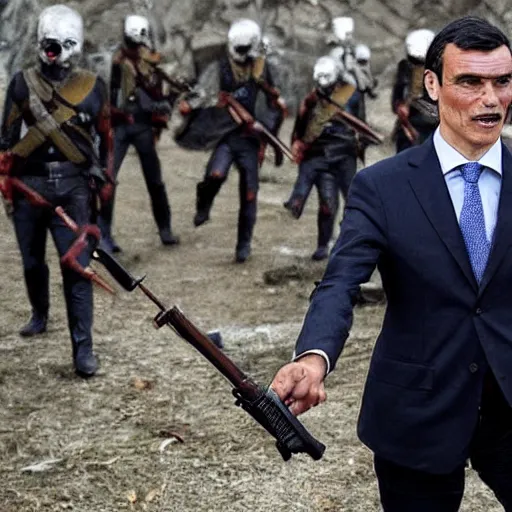 Prompt: spanish president pedro sanchez leading an army of the undead in a post - apocalyptic world