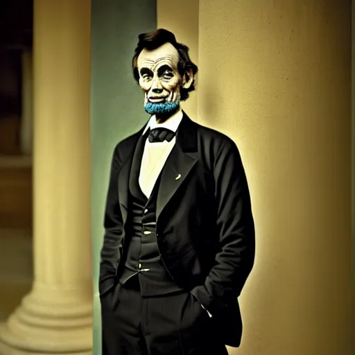 Prompt: portrait of abraham lincoln as american man, green eyes and suit and tie looking looking intently, photograph by steve mccurry, award winning photograph in national geographic