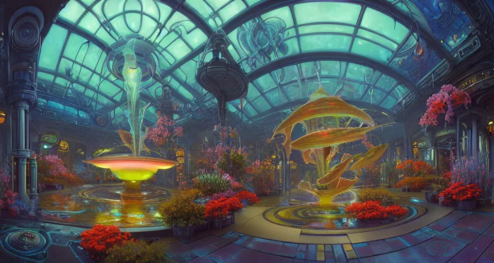 Image similar to fish eye lens a bright minimalist bioluminescent oil painting by donato giancola, warm coloured, cinematic scifi luxurious futuristic foggy steam filled victorian garden mall interior with microscopy radial windows flowers growing out of pretty bulbous ceramic fountains, gigantic pillars and flowers, maschinen krieger, beeple, star trek, star wars, ilm, atmospheric perspective