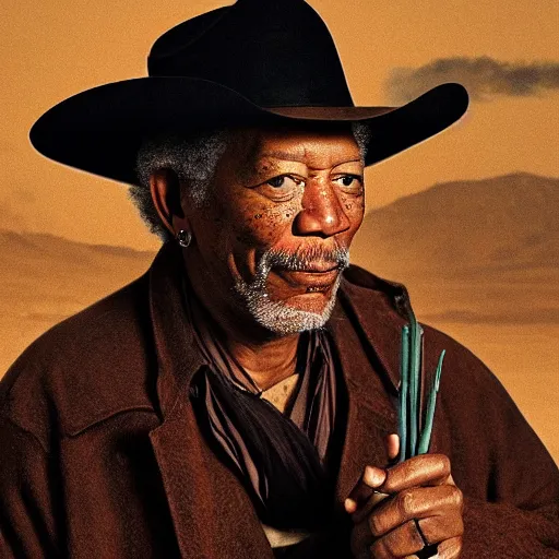 Image similar to Morgan Freeman in a western as imagined by Leonardo Davinci