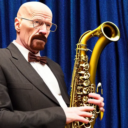 Image similar to walter white playing the saxophone, very detailed, very intricate, 8 k, dslr,