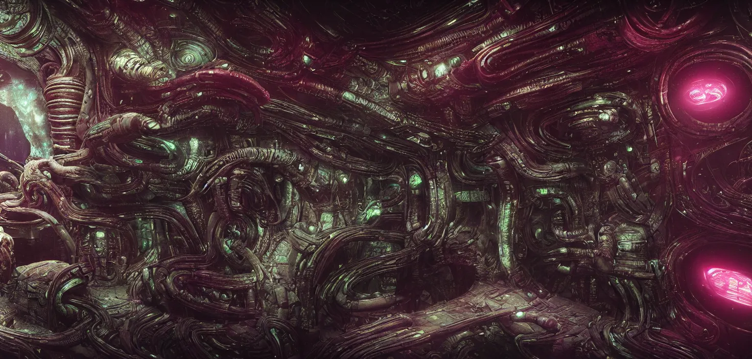Prompt: Prometheus biological sci-fi environment set close-up hologram, ship control panel close-up, in a nightmarish universe of odd forms and somber tapestry, HR Giger and Vincent Di Fate, vivid color scheme, featured in artstation, octane render, cinematic, elegant, intricate, 8k
