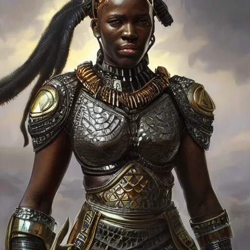 Image similar to a wakandan zulu warrior in dieselpunk style armor, african, deviantart, ultra realistic, concept art, intricate details, eerie, horror, highly detailed, photorealistic, octane render, 8 k, unreal engine. art by artgerm and greg rutkowski and alphonse mucha