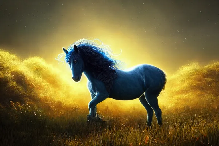 Prompt: a stunning horse with a mane of bioluminescent plants running through a meadow by eddie mendoza ( flowerpunk ), volumetric light, digital art, fine detail, photorealistic