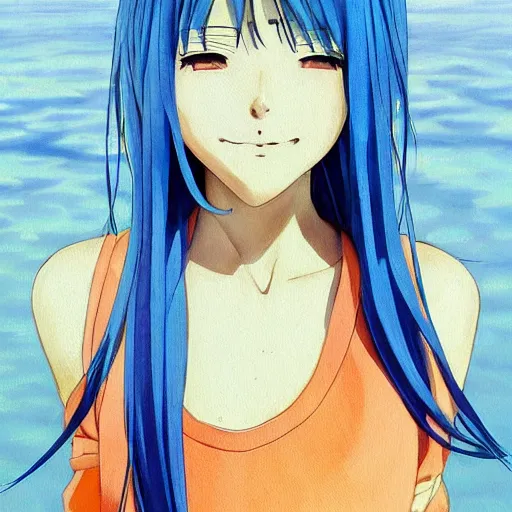 Image similar to Beautiful lonely girl, blue hair, symmetrically, smiling, anime style, pixiv, pinterest anime, full color, colorful, artist Steve Hanks, artist Alyssa Monks, endless summer art, artist WLOP artstation, artist Mam BA artstation, artist Arata Yokoyama, real photo, very detailed, realistic proportions, knowledge of anatomy, anatomy for beginners, true proportions, artstation trends, octane render, ray tracing, volumetric light