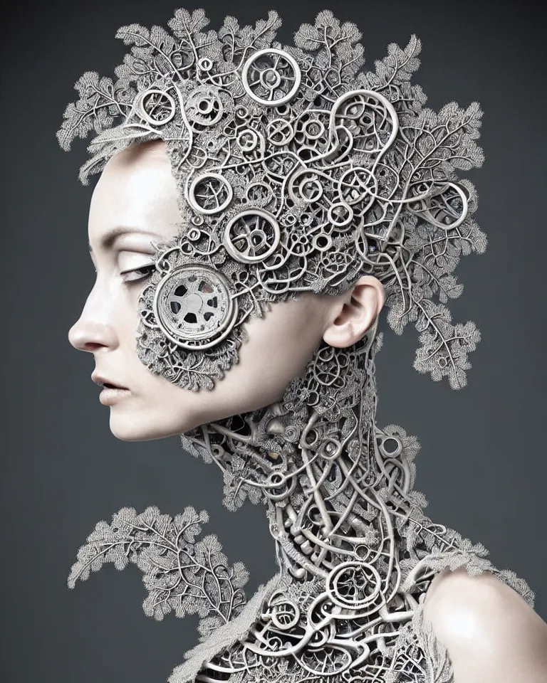 Prompt: surreal photo portrait of complex bio-mechanical beautiful young female vegetal-cyborg with a Mandelbrot fractal metal fine lace face, curled silver hair, 150 mm lens, soft rim light, fine metal floral foliage super big lace collar by Alexander McQueen, high fashion, haute couture, rococo, steampunk, silver filigree details, anatomical, facial muscles, cable wires, microchip, elegant, hyper realistic, octane render, unreal engine, in the style Dora Maar, volumetric lighting, 8k, vibrant reflective metallic coloring
