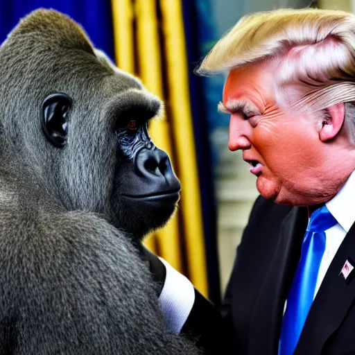 Prompt: professional photograph of a gorilla wearing a suit and donald trump shaking hands in the white house, 8 k, very intricate, very detailed,