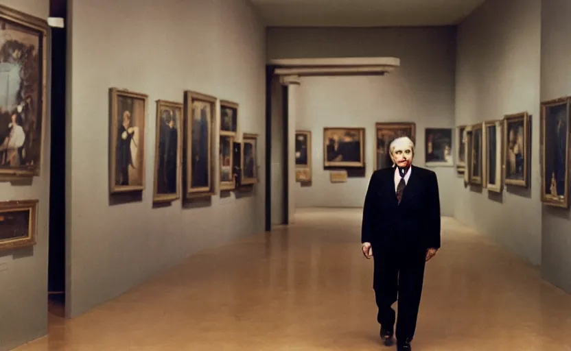 Prompt: 50s movie still close-up portrait of an elder soviet general walking in an empty museum, by David Bailey, Cinestill 800t 50mm eastmancolor, heavy grainy picture, very detailed, low quality, 4k, HD criterion, precise texture and facial expression