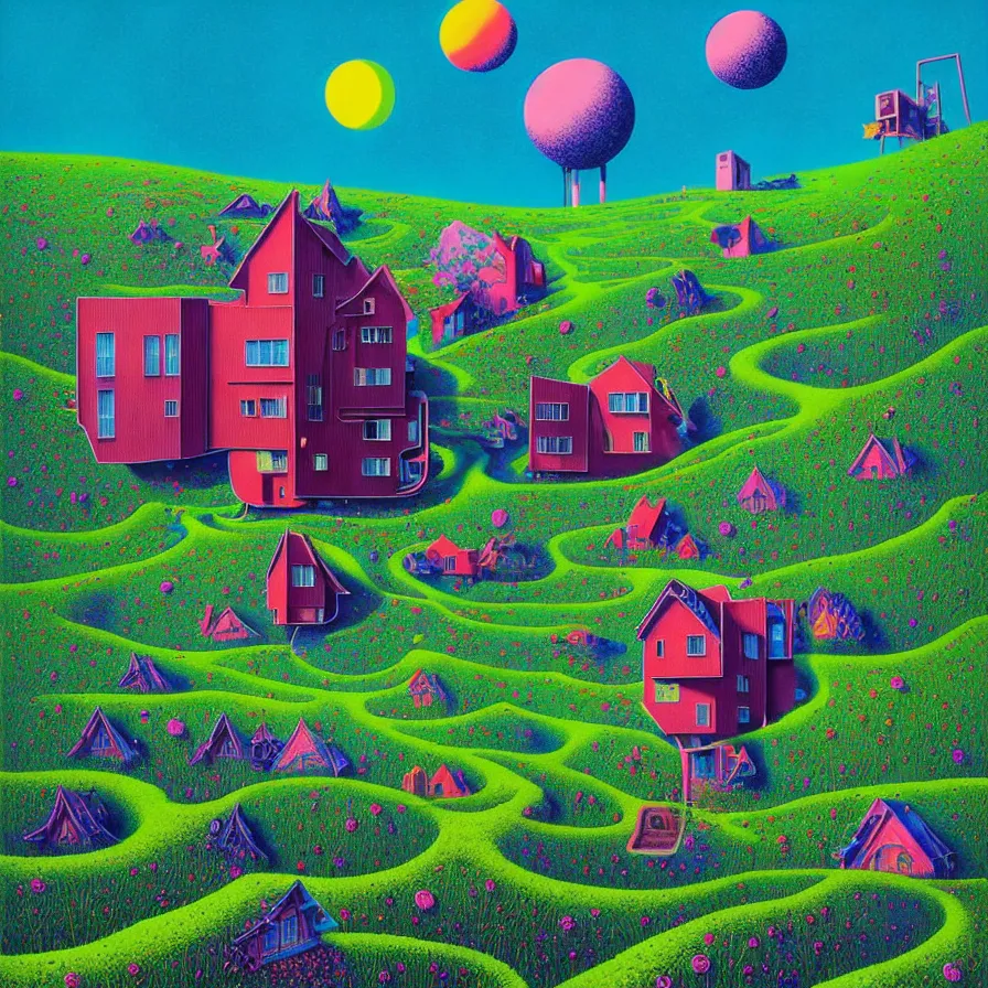 Prompt: surreal glimpse into other universe, house by elon musk, summer morning, very coherent and colorful high contrast, art by!!!! gediminas pranckevicius!!!!, geof darrow, floralpunk screen printing woodblock, dark shadows, hard lighting, stipple brush technique,