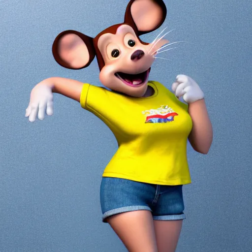 Image similar to 3 d render, portrait, headshot, closeup, anthropomorphic mouse, female, wearing denim short shorts and a off yellow tank top shirt, in the style of flushed away