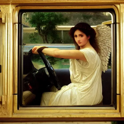 Image similar to an oil painting of an angel driving a car in a restaurant drive through, interior view, by Bouguereau, highly realistic and intricate