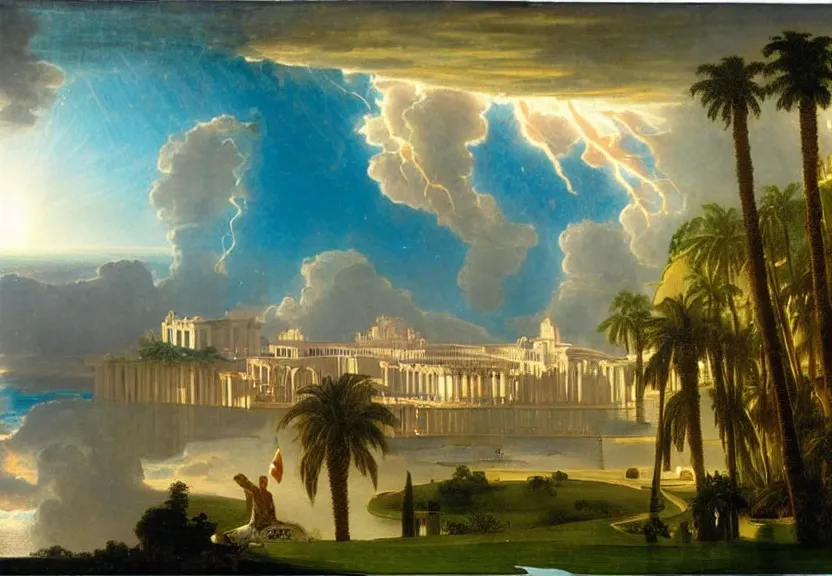 Image similar to Palace floating in heaven, 1km tall, thunderstorm, greek pool, beach and palm trees on the background major arcana sky, by paul delaroche, hyperrealistic 4k uhd, award-winning very detailed, heaven paradise