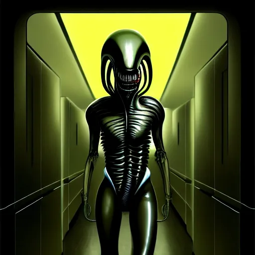 Image similar to black glossy xenomorph soldier, alien movie, endless empty office building, pale yellow wallpaper, moist brown carpet, dim fluorescent lighting, artstation, ultra detailed, creepy, dramatic lighting, photorealistic, art by h. r. giger