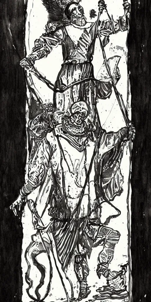 Image similar to the fool tarot, black and white watercolor painting