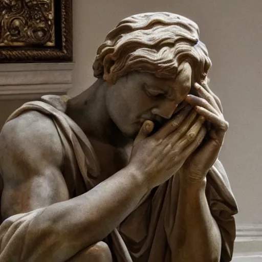 Prompt: photo of a richly detailed marble statue of a facepalming because of his slow laptop by leonardo davinci