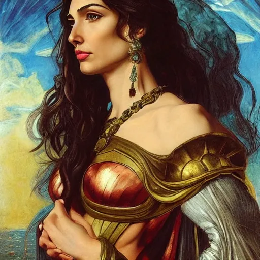 Image similar to Full body oil painting of the beautiful goddess Gal Gadot as Artemisa, she is wearing roman clothes and a surreal jewelry, her hair is natural disheveled, she is approaching heaven over the clouds, naturalism, dramatic lighting, high-detailed oil painting by Ilya Repin, Michelangelo da Caravaggio, William Blake, Alex Grey and Beksinski, trending on Artsation, hystorical painting, naturalism, masterpiece, 4k, 8k,