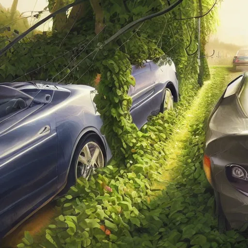 Image similar to a car overrun with vines, heonhwa choe, realistic, artstation