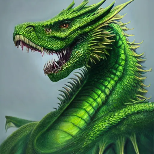 Prompt: realistic, portrait painting, large green dragon, sharp, kodachrome, cgi, hd, detailed