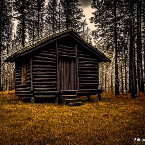Prompt: very realistic photo of the wooden hut located near the dark forest, slavic mythology, bilibin style, noir, wide lens, 8 k