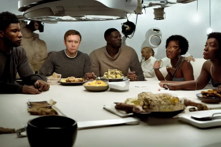 Prompt: movie closeup diverse interracial small team of American sci-fi futuristic space explorers talking at the table in a spaceship kitchen, beautiful skin, Symmetrical faces. Beautiful lighting by Emmanuel Lubezki