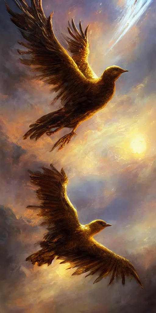 Prompt: a painting of a golden bird flying through the sky, poster art by raymond swanland, deviantart, fantasy art, christian, deviantart, mystical