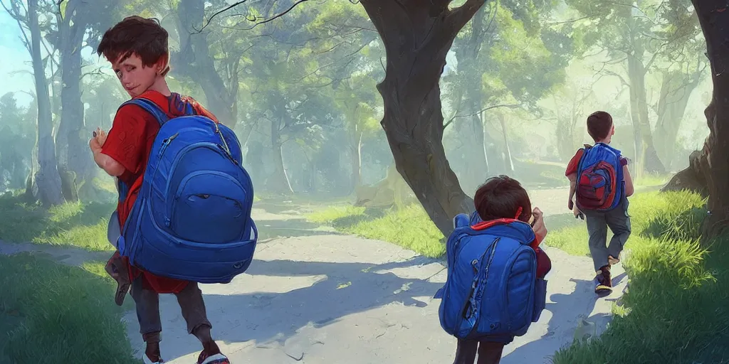 Prompt: a young boy wearing a back pack on his way to school in a friendly suburban street with trees and blue sunny sky, highly detailed, digital painting, artstation, concept art, sharp focus, illustration, vivid bright colors, d & d, fantasy, hearthstone, art by artgerm and greg rutkowski and alphonse mucha