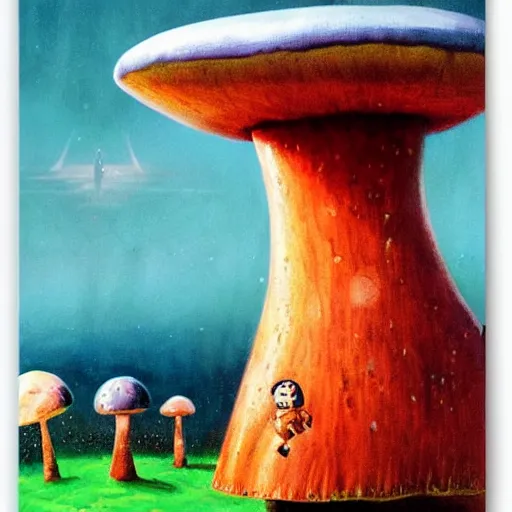 Image similar to Keanu Reeves sitting on a giant mushroom by paul lehr