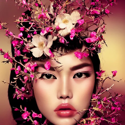 Image similar to photography of the asian queen sitting in the flower thorn, beautiful face, masterpiece costume, jewellery, high quality, elegant, emotionally touching, cool, deep gaze, mystery, tenderness kenneth willardt style