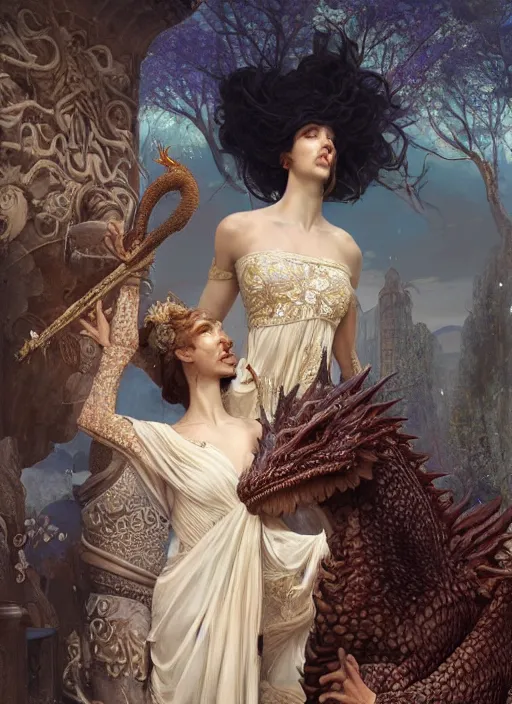 Prompt: a painting of a beautiful queen in fantastic dress next to a dragon, photorealistic painting by Jaime Jones, Tom Bagshaw,Lawrence Alma-Tadema,greg rutkowski,deviantart contest winner, fantasy art, daz3d,perfect symmetrica body shape,symmetrical face,intricate,elegant,highly detailed,8k,digital painting,concept art, sharp focus, illustration,golden ratio