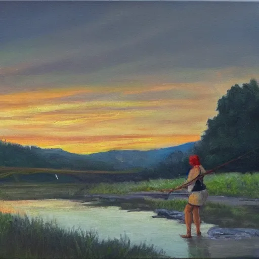 Image similar to a girl fishing at a river, finishing for sturgeon at sunset, oil painting