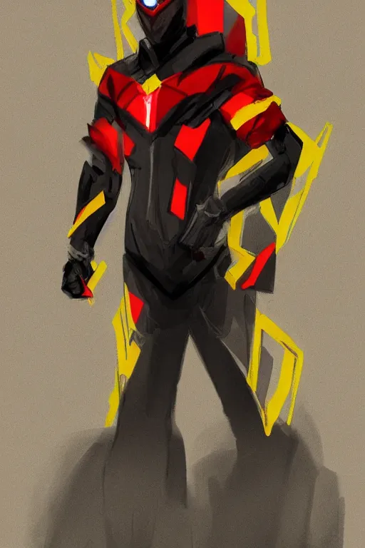 Image similar to a full body portrait of a hero concept he is wearing a yellow, red and black suit, concept art, trending on artstation, very detailed,