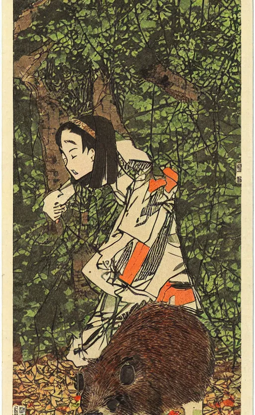 Image similar to by akio watanabe, manga art, medium size boar is curios about girl with brown hair sitting in forest, yellow eyes, weft on clothing, trading card front, kimono, realistic anatomy