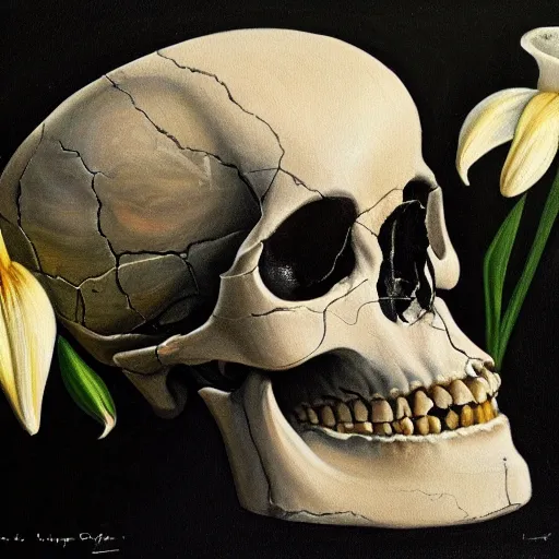 Image similar to a painting of a human skull with diamonds for eyes nestled on a bed of white lilies, dark shadowy background, in the style of a still life oil painting, gothic