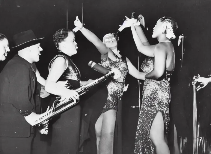 Prompt: a close up photograph of a black female singer, in a red dress, on stage, with her band, 1 9 3 0 s jazz club, smoke, color photograph - filled room