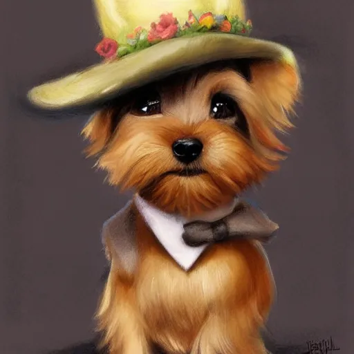 Image similar to The cutest yorkshire terrier wearing a fedora hat, concept art by Justin Gerard, trending on artstation