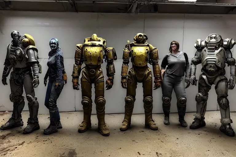 Prompt: photo taken of an epic intricate, ultra detailed, super realistic gritty, hero prop, exquisitely weathered very bulky fallout 4 power armour suits movie prop replica's in a row in the workshop, created by weta workshop, full body shot, photorealistic, sharp focus, white wall, cold colour temperture, golden ratio